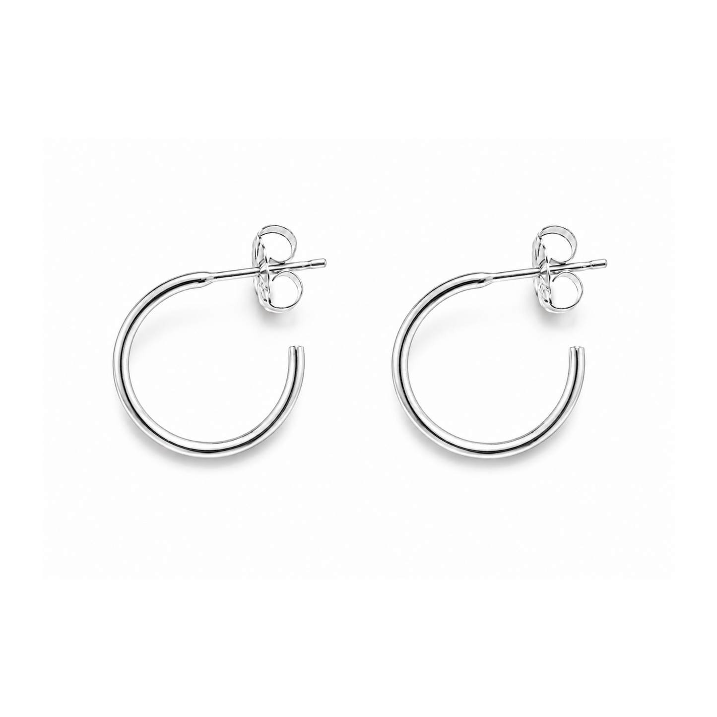 A pair of minimalist silver open hoop earrings with butterfly backings, displayed on a clean white background.