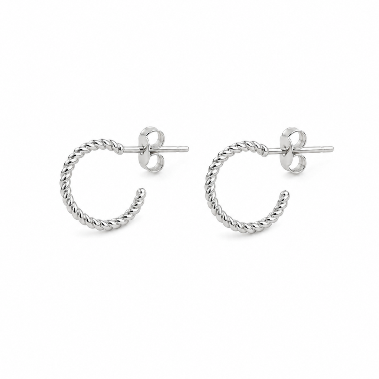 A pair of silver cable-twisted hoop earrings with butterfly backings, displayed on a clean white background.