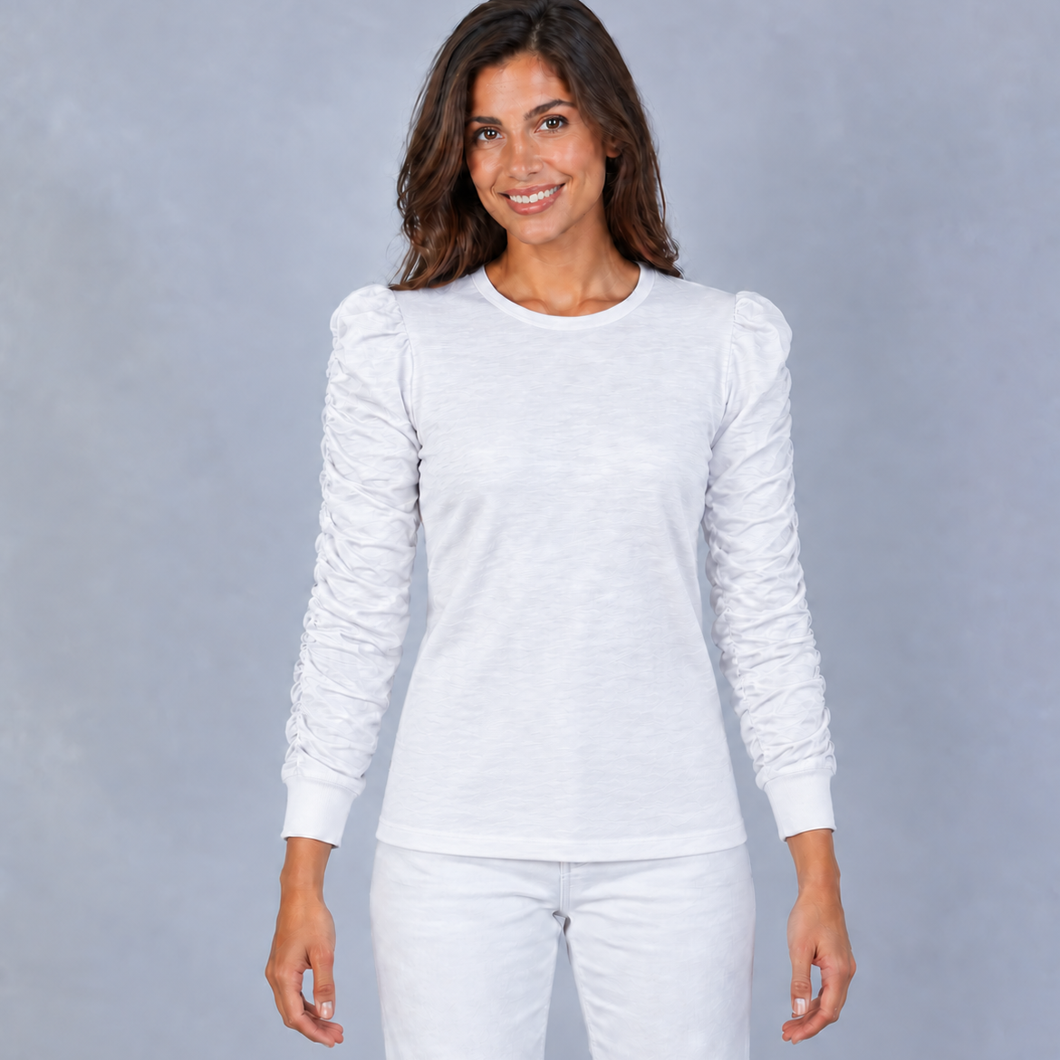 Elle Ruched Long Sleeve Tee in White erin gray