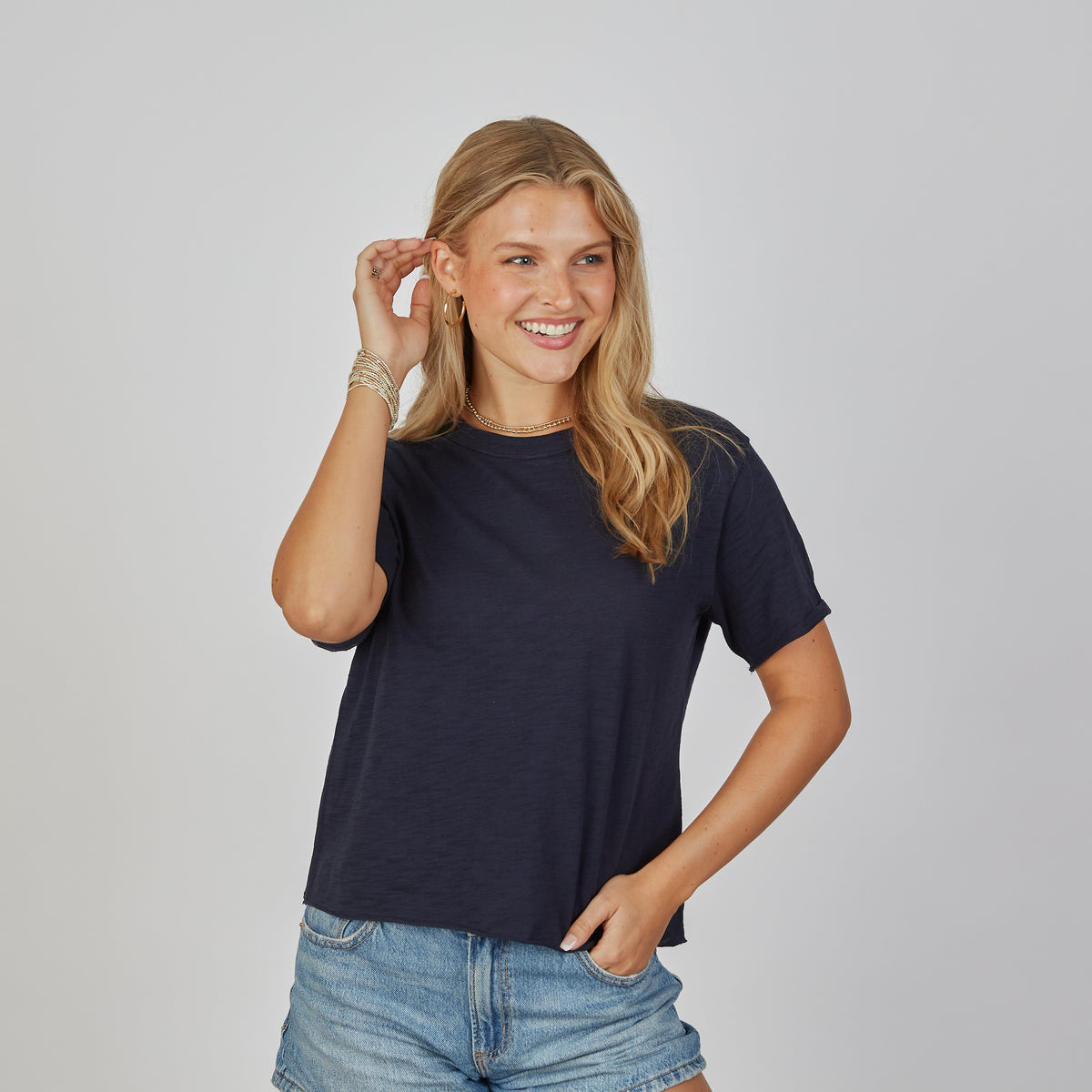 Relaxed Crew in Navy with Oyster Stripe - Short Sleeve erin gray