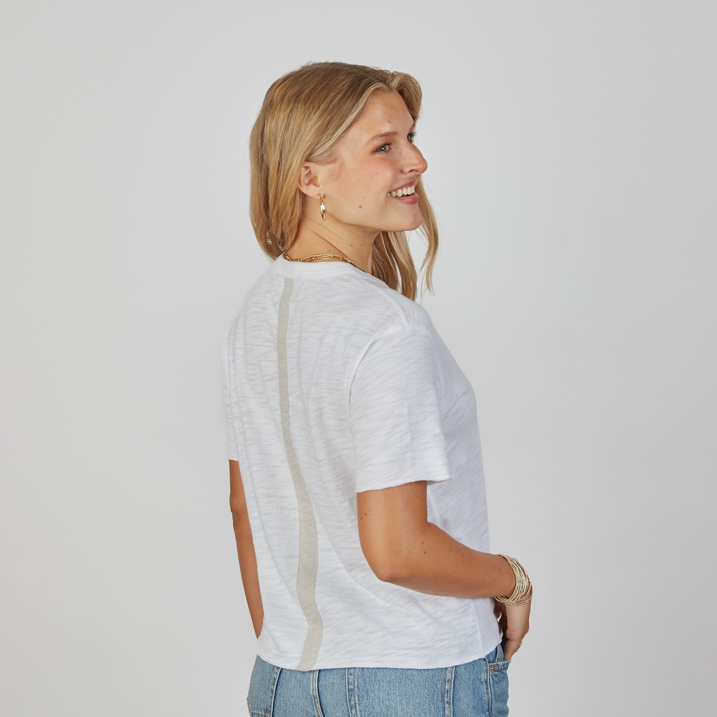Relaxed Crew in White with Oyster Stripe - Short Sleeve erin gray