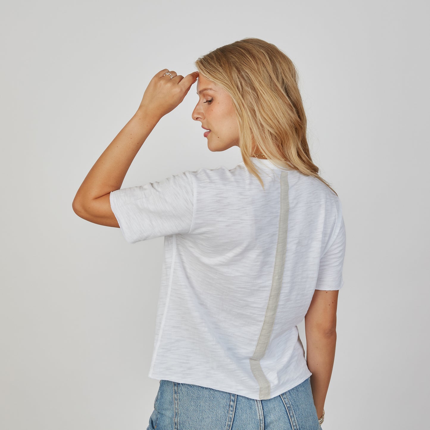 Relaxed Crew in White with Oyster Stripe - Short Sleeve erin gray