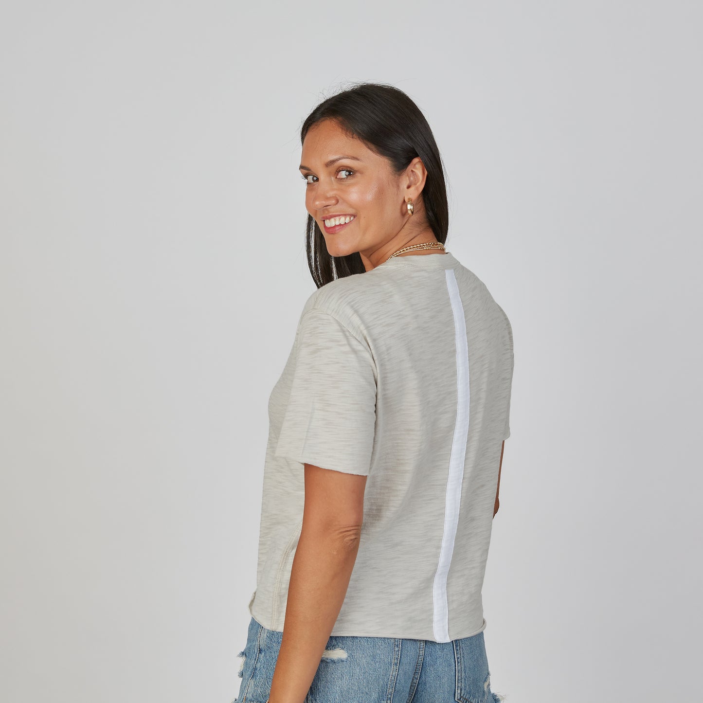 Relaxed Crew in Oyster with White Stripe - Short Sleeve erin gray