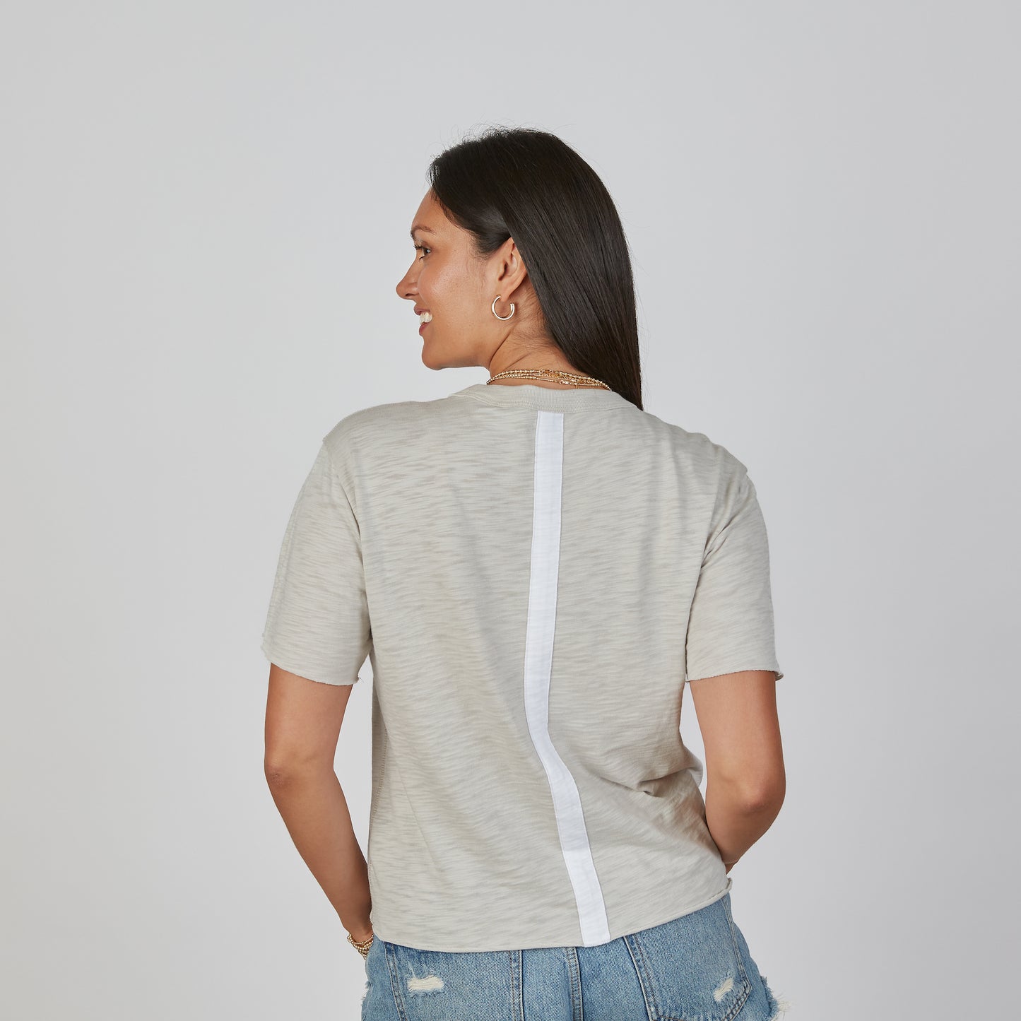 Relaxed Crew in Oyster with White Stripe - Short Sleeve erin gray