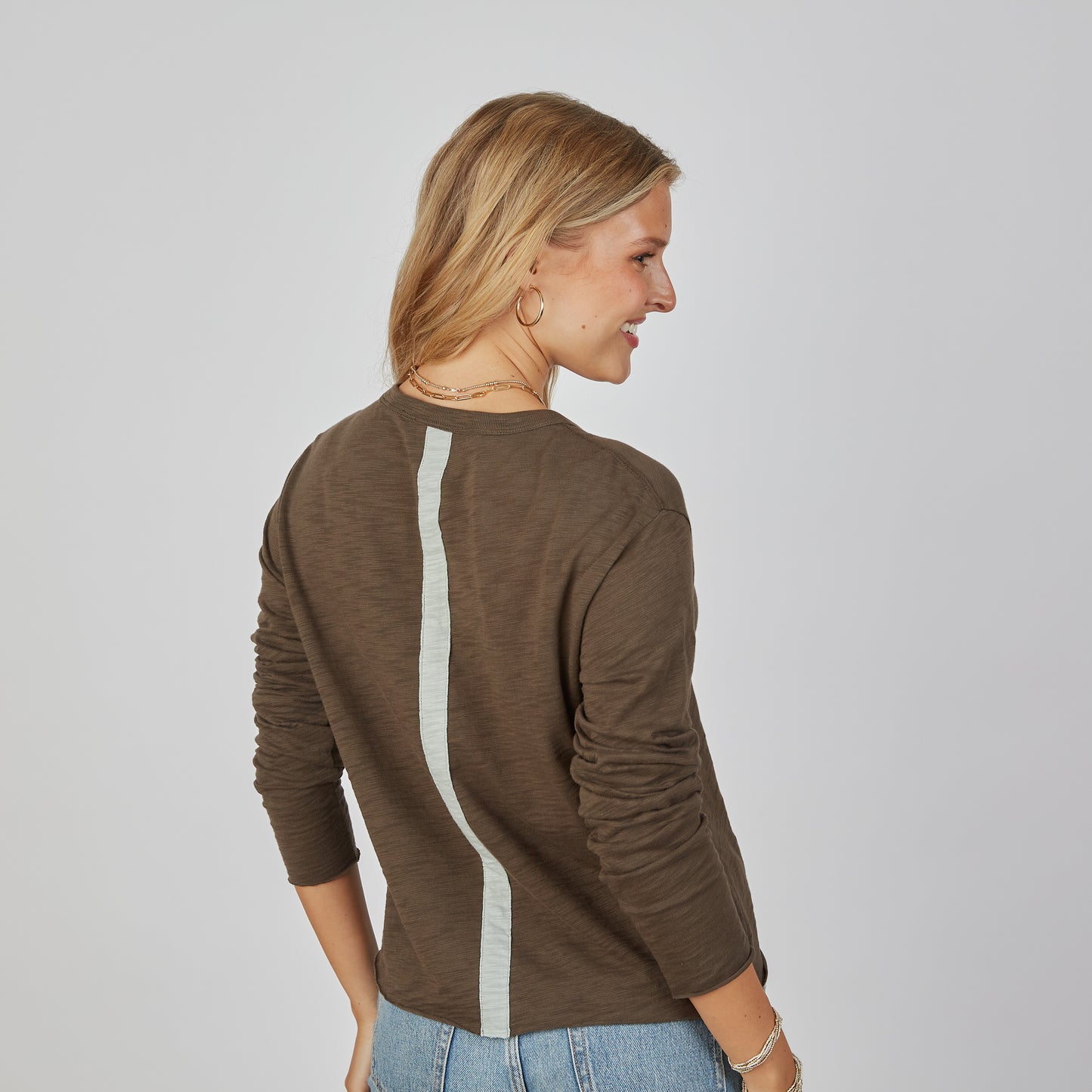 Relaxed Crew in Espresso Brown with Sea Glass Blue Stripe - Long Sleeve erin gray