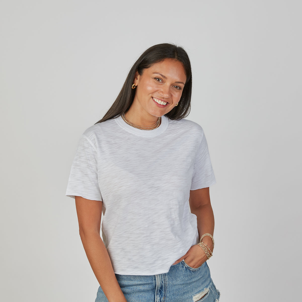 Relaxed Crew in White with Denim Blue Stripe- Long Sleeve erin gray