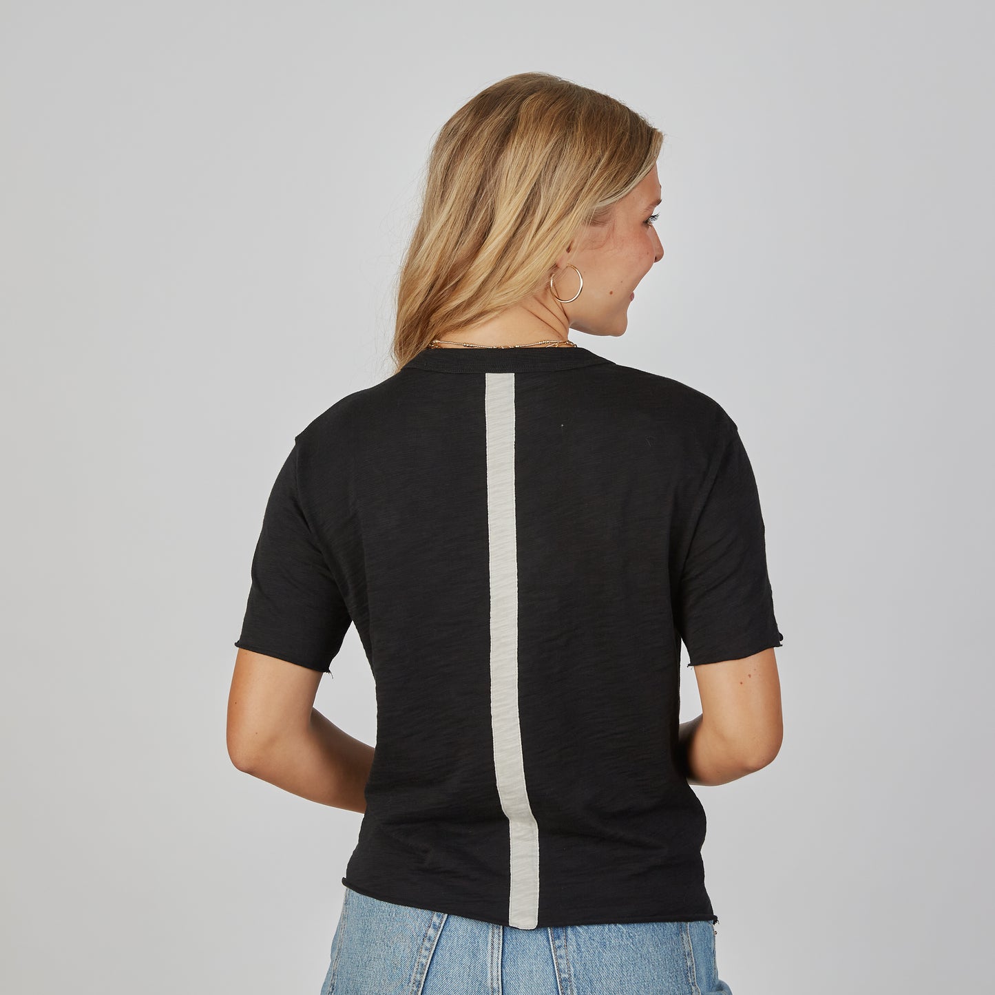 Relaxed Crew in Black with Oyster Stripe - Short Sleeve erin gray