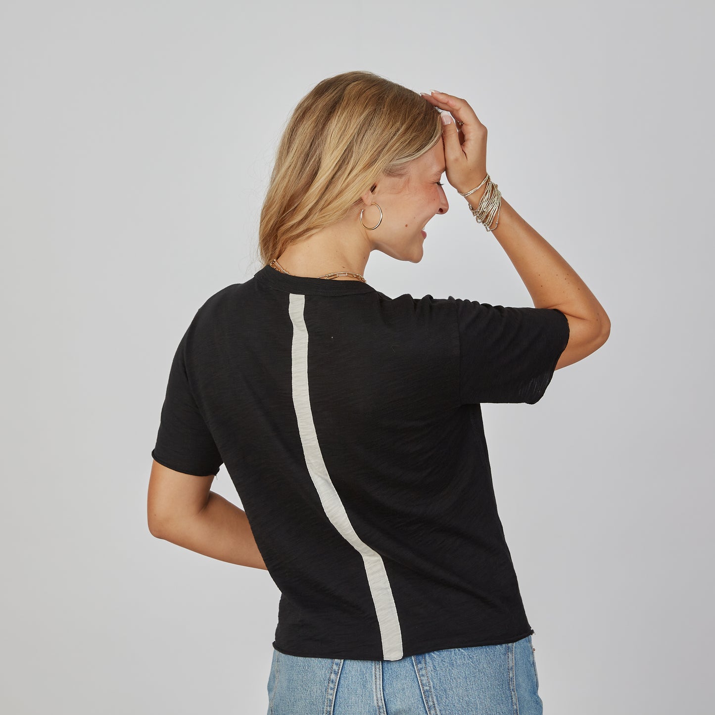 Relaxed Crew in Black with Oyster Stripe - Short Sleeve erin gray