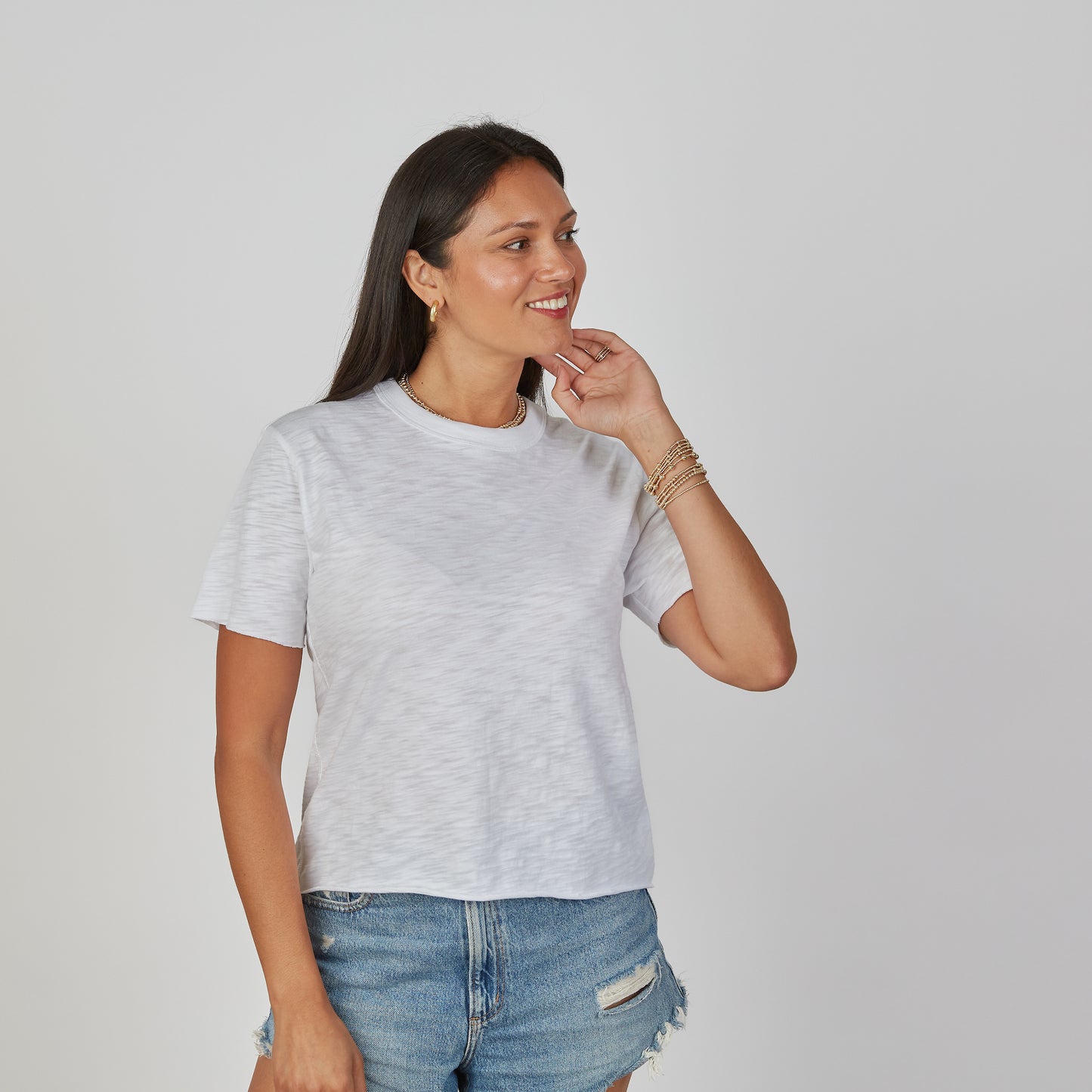 Relaxed Crew in White with Denim Blue Stripe - Short Sleeve erin gray