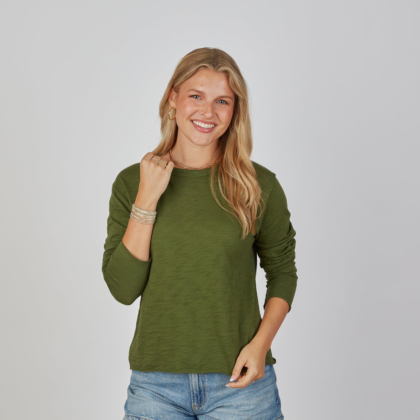 Relaxed Crew in Forest Green with Denim Blue Stripe - Long Sleeve erin gray