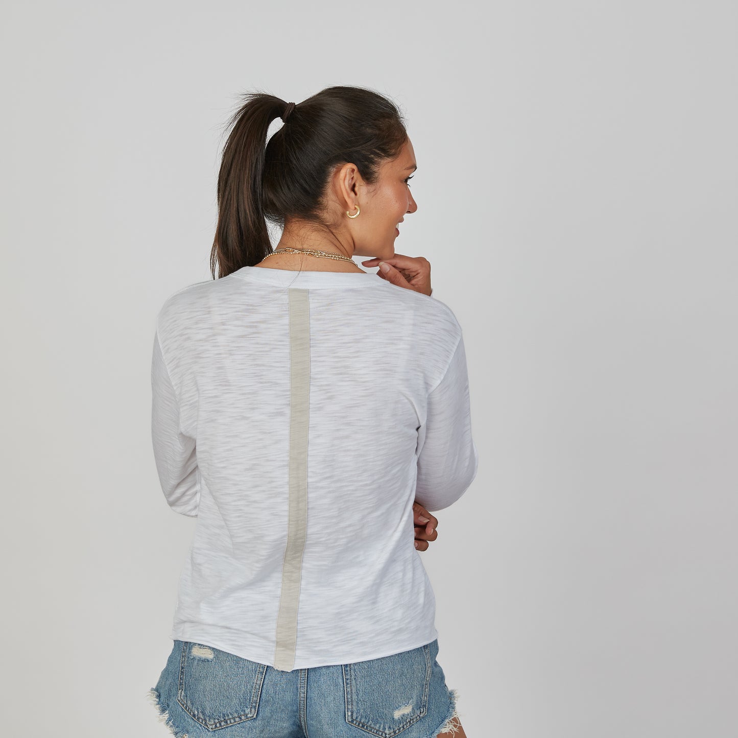 Relaxed Crew in White with Oyster Stripe - Long Sleeve erin gray