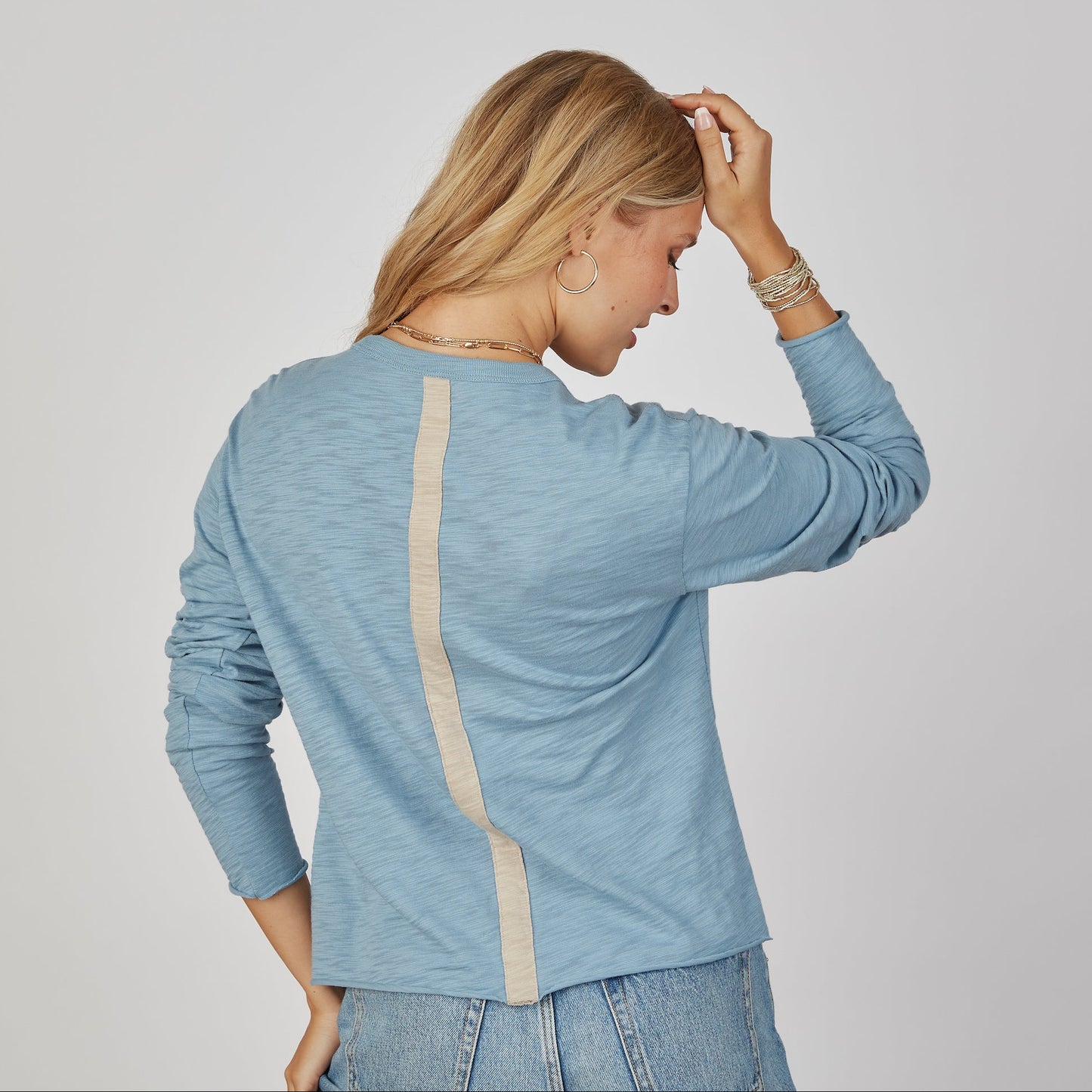 Relaxed Crew in Denim Blue with Taupe Stripe - Long Sleeve erin gray