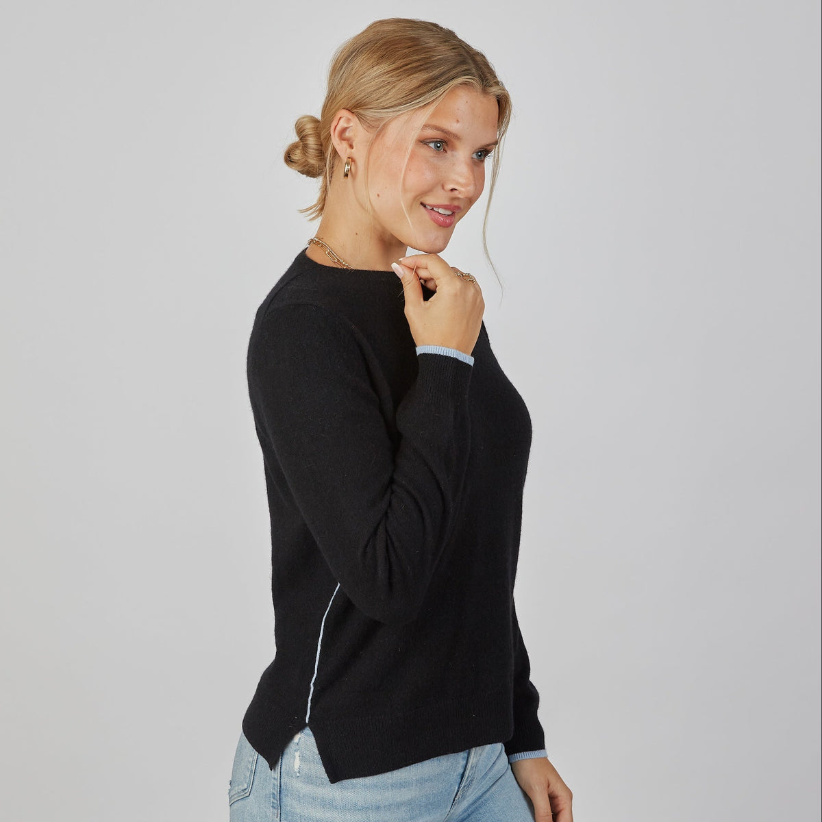 Cashmere Contrast Trim Sweater in Black with Light Blue Trim erin gray