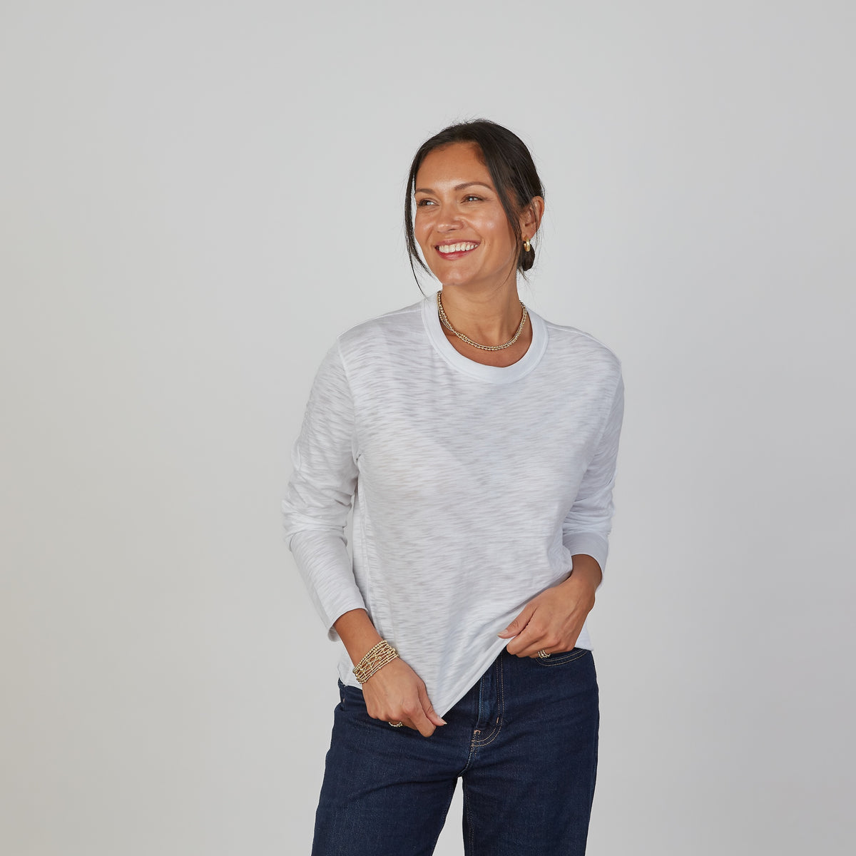 Relaxed Crew in White with Denim Blue Stripe- Long Sleeve erin gray