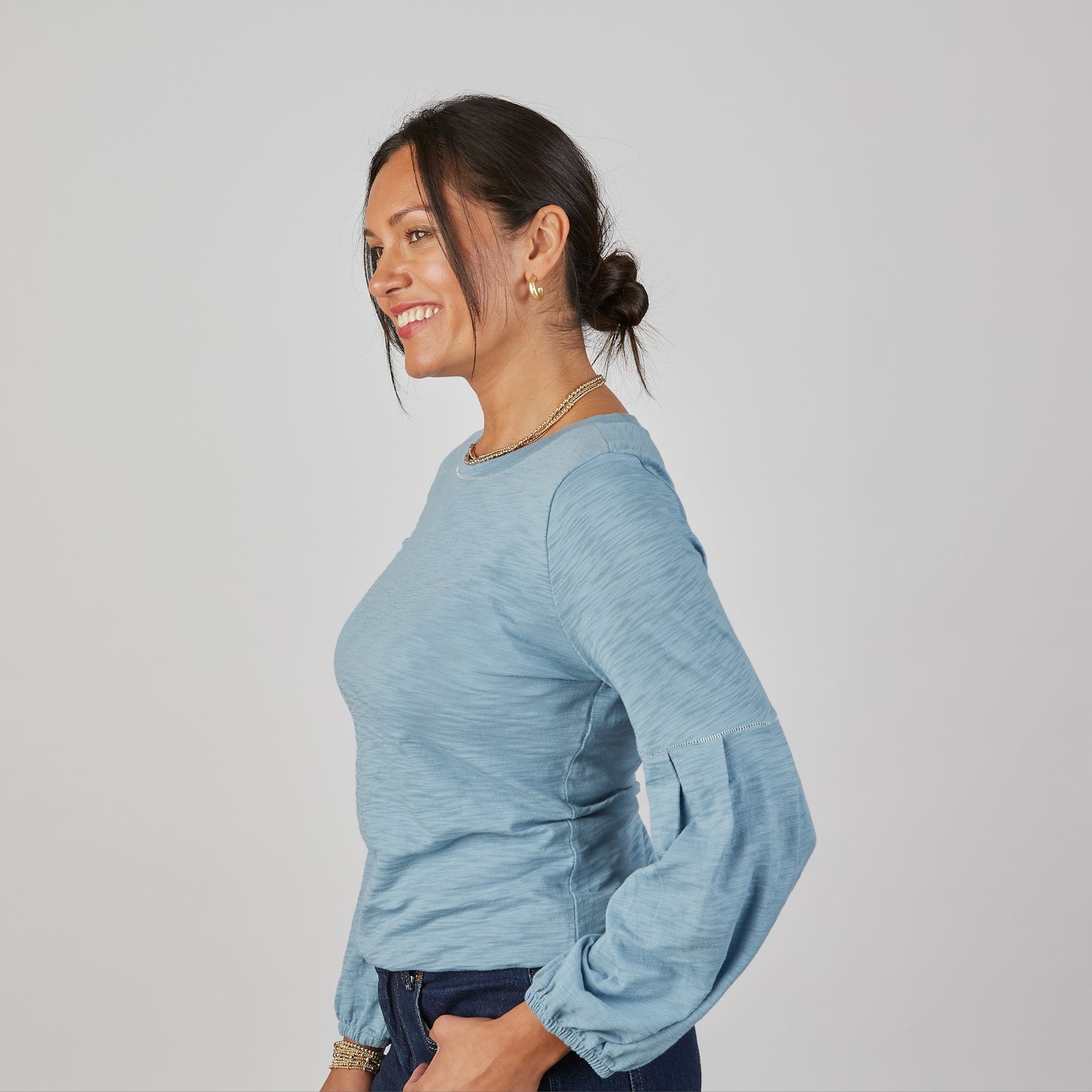 English Popover Top in Denim Blue - Long Sleeve erin gray
