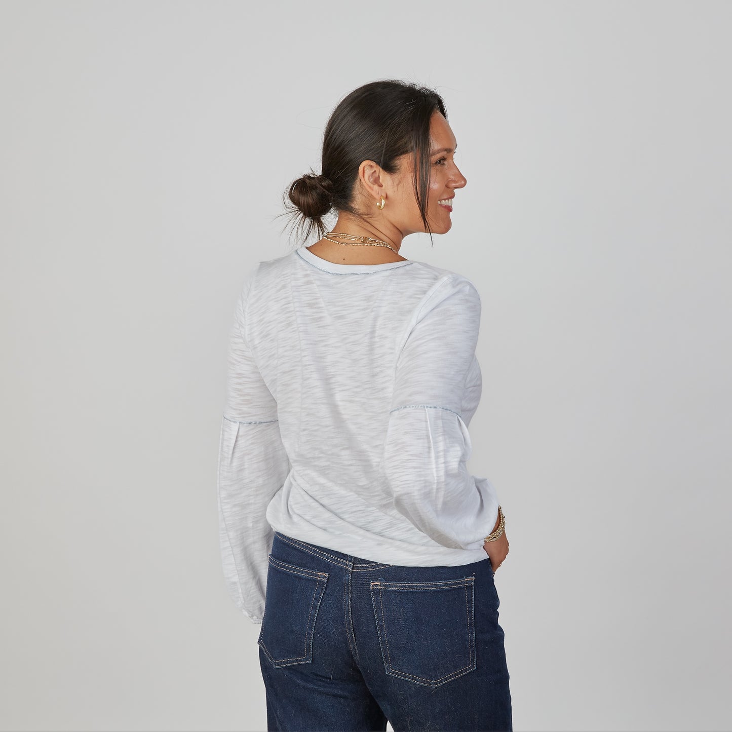 English Popover Top in White - Long Sleeve erin gray
