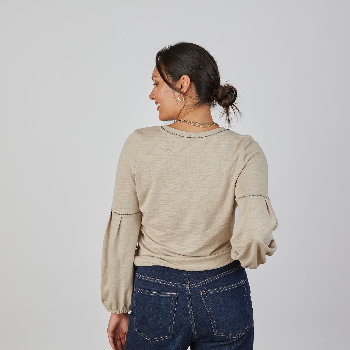 English Popover Top in Washed Taupe - Long Sleeve erin gray