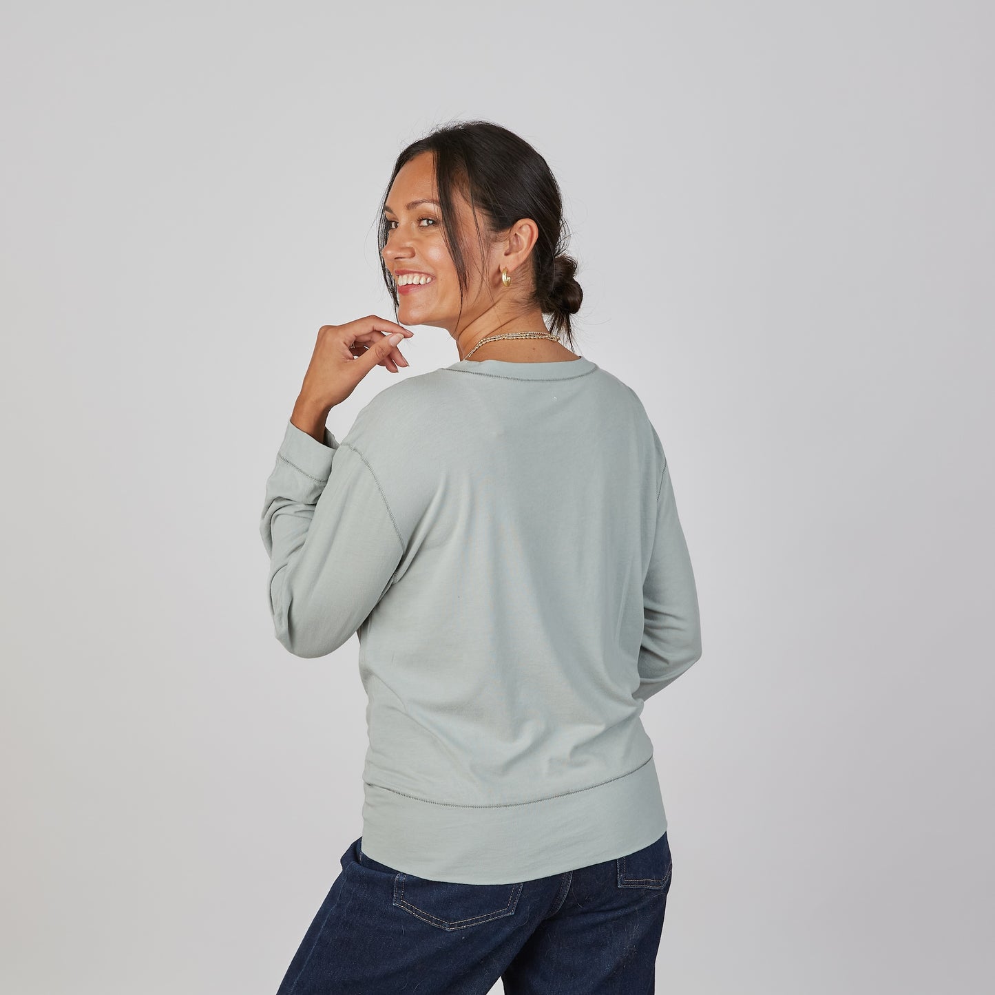 Studio Tee in Sea Glass Blue and White - Long Sleeve erin gray
