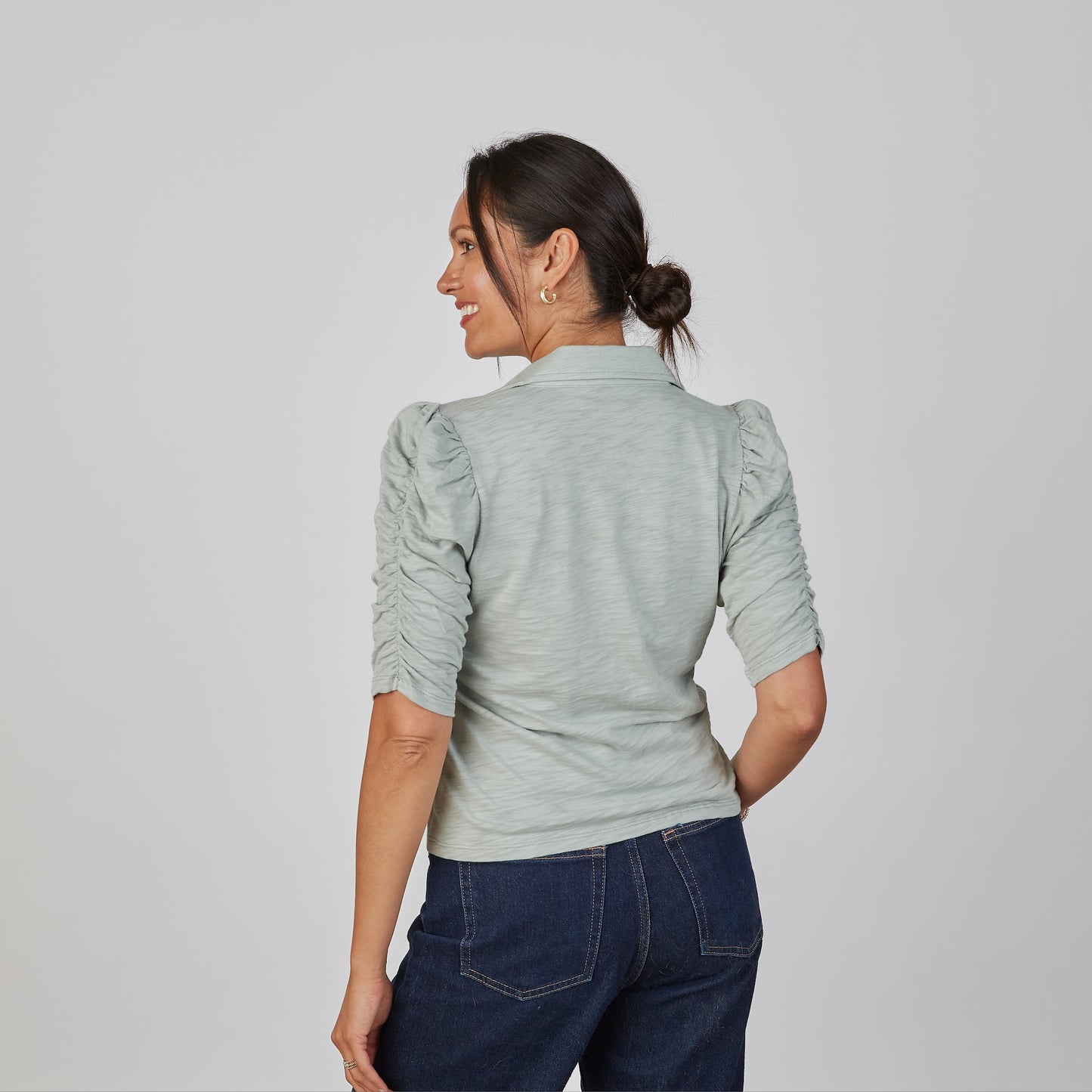 Grace Button-Up Elbow-Length Tee in Sea Glass Blue erin gray