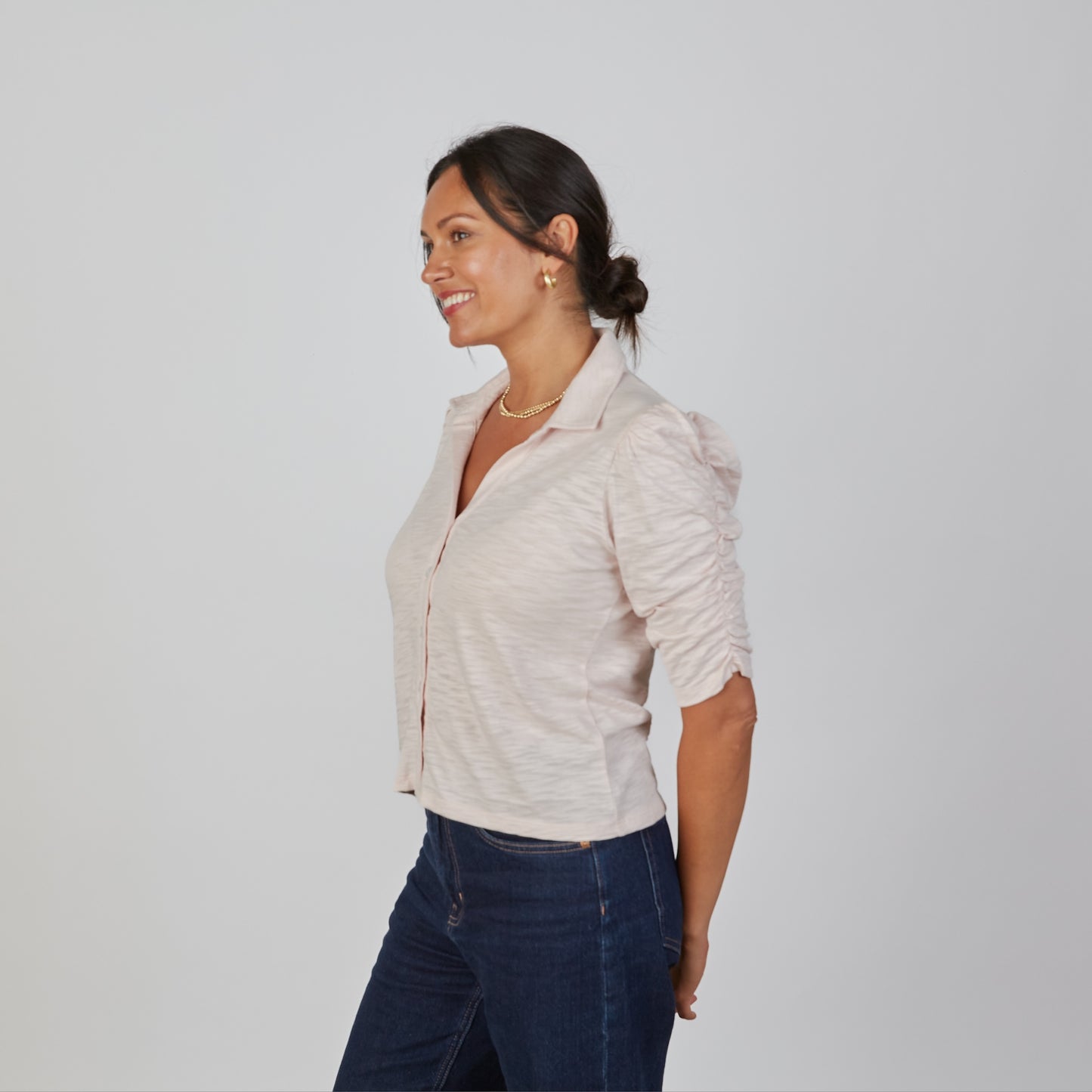 Grace Button-Up Elbow-Length Tee in Light Pink erin gray