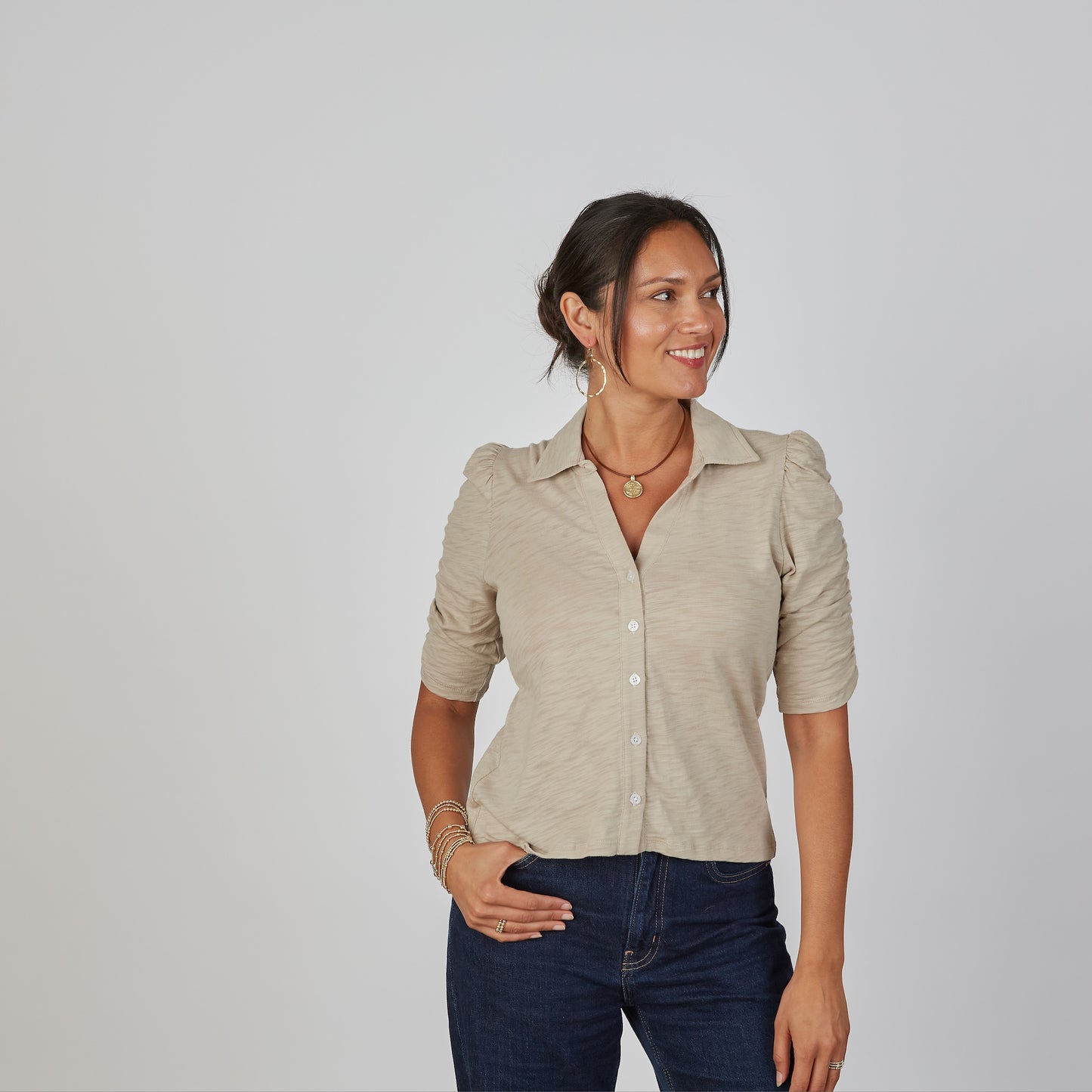 Grace Button-Up Elbow-Length Tee in Washed Taupe erin gray