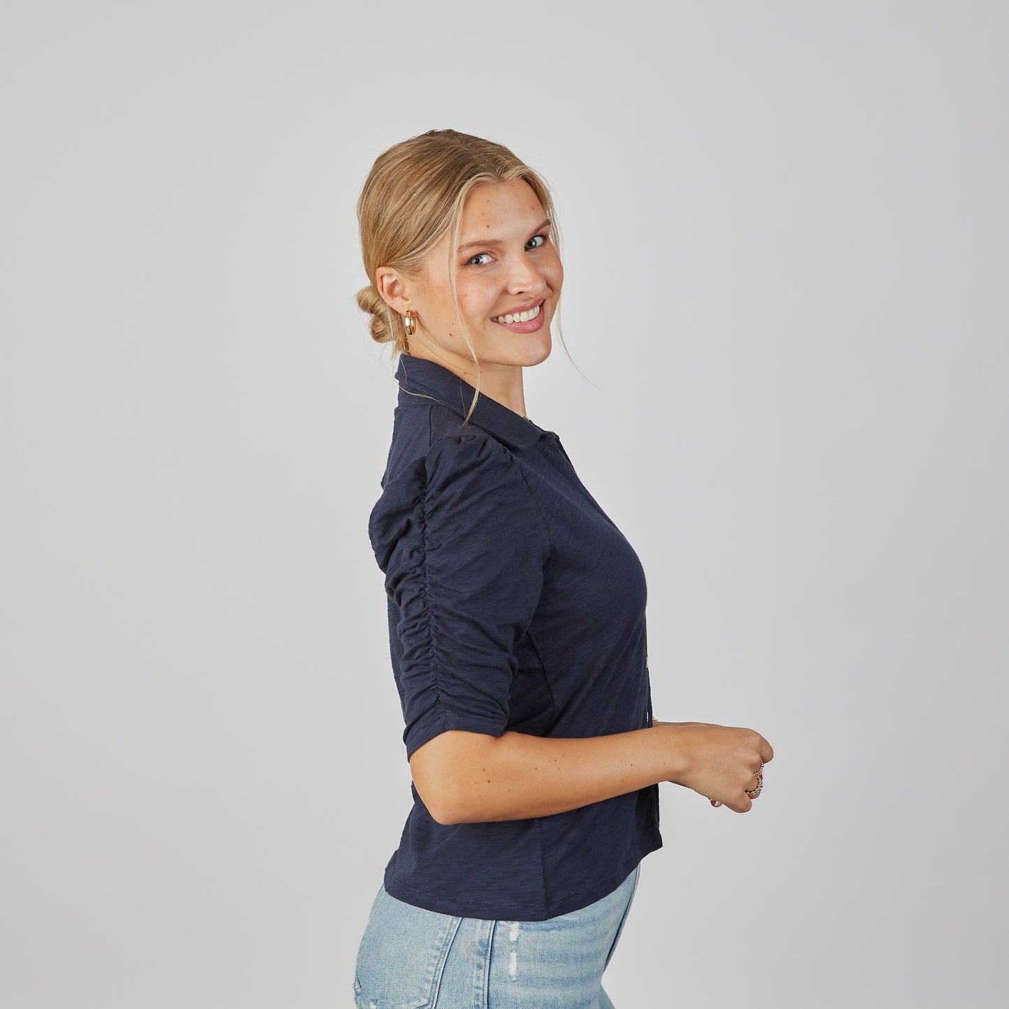 Grace Button-Up Elbow-Length Tee in Navy erin gray