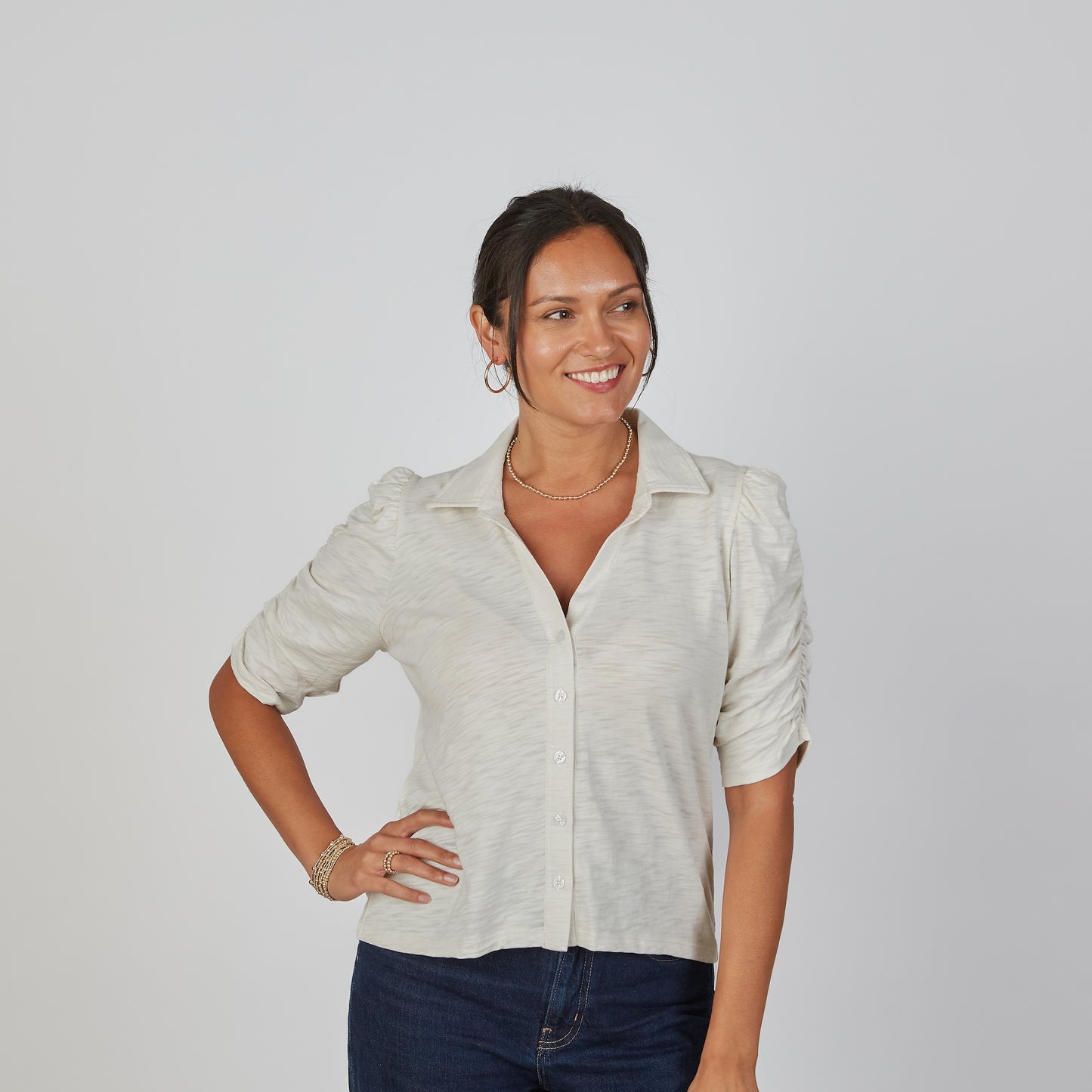 Grace Button-Up Elbow-Length Tee in Linen erin gray