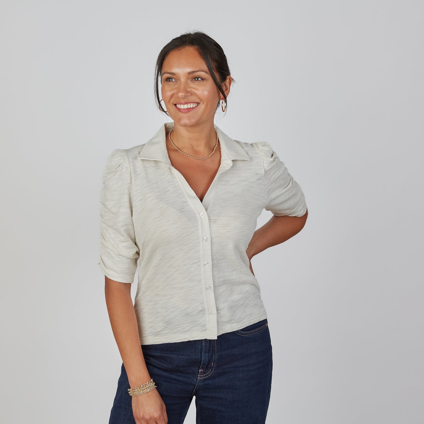 Grace Button-Up Elbow-Length Tee in Linen erin gray