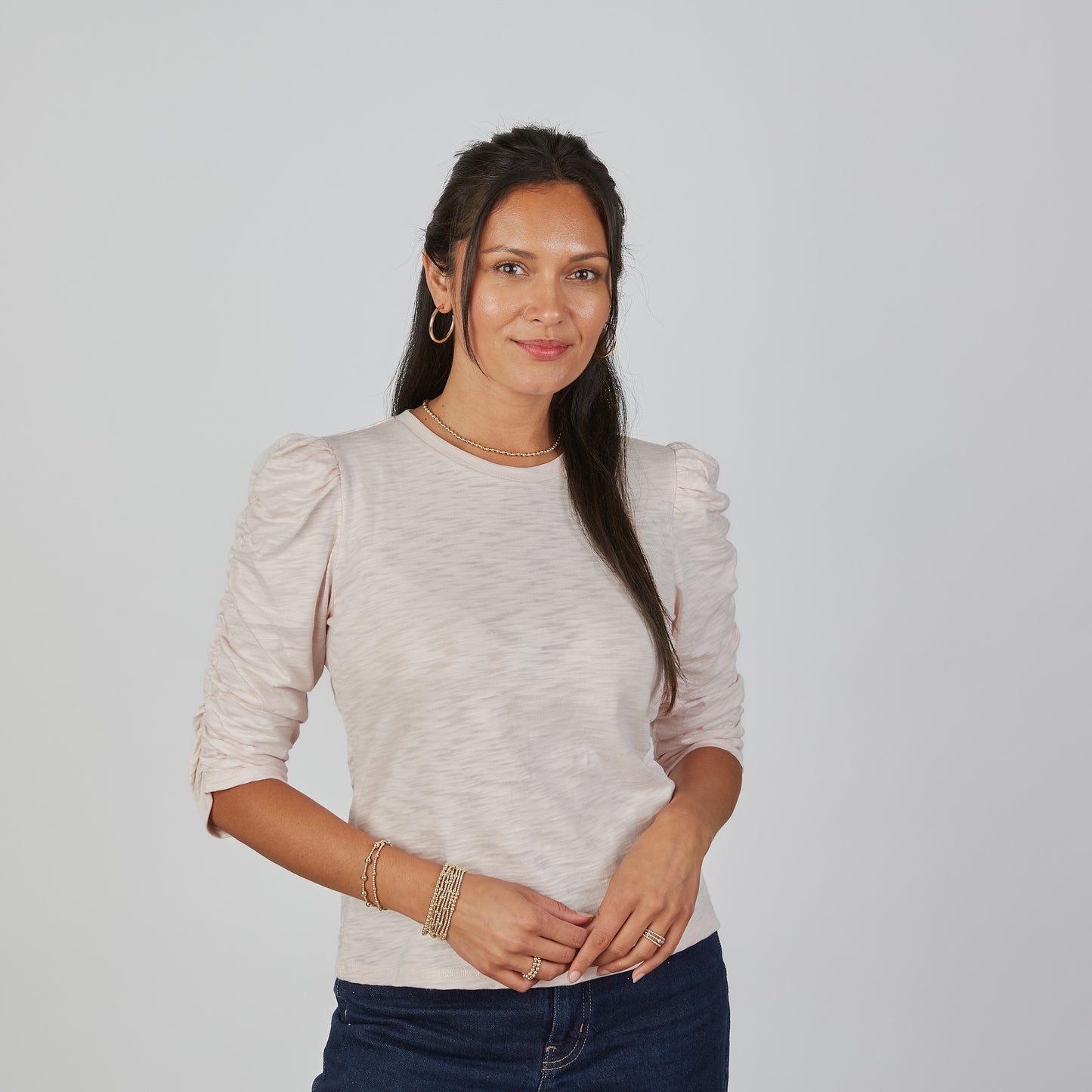 Sophie Ruched Elbow-length Tee in Light Pink erin gray