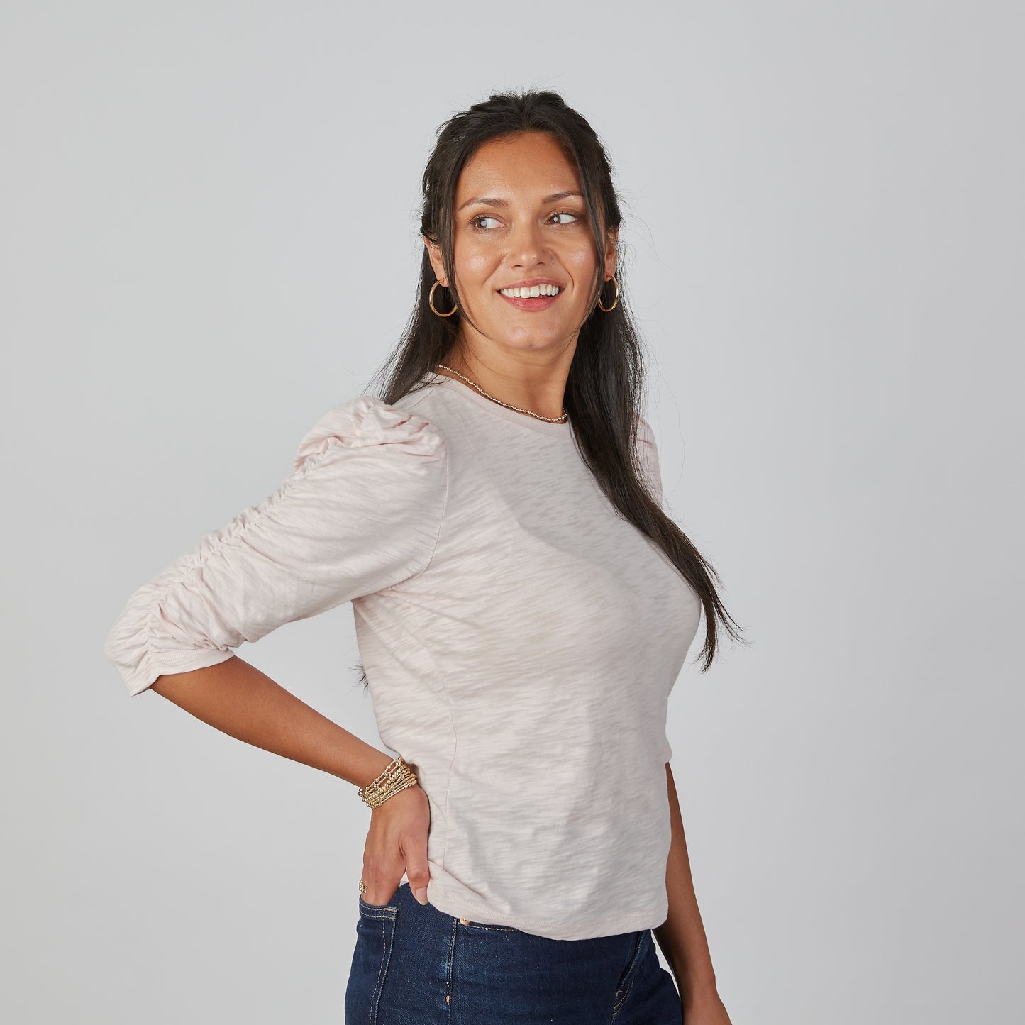 Sophie Ruched Elbow-length Tee in Light Pink erin gray