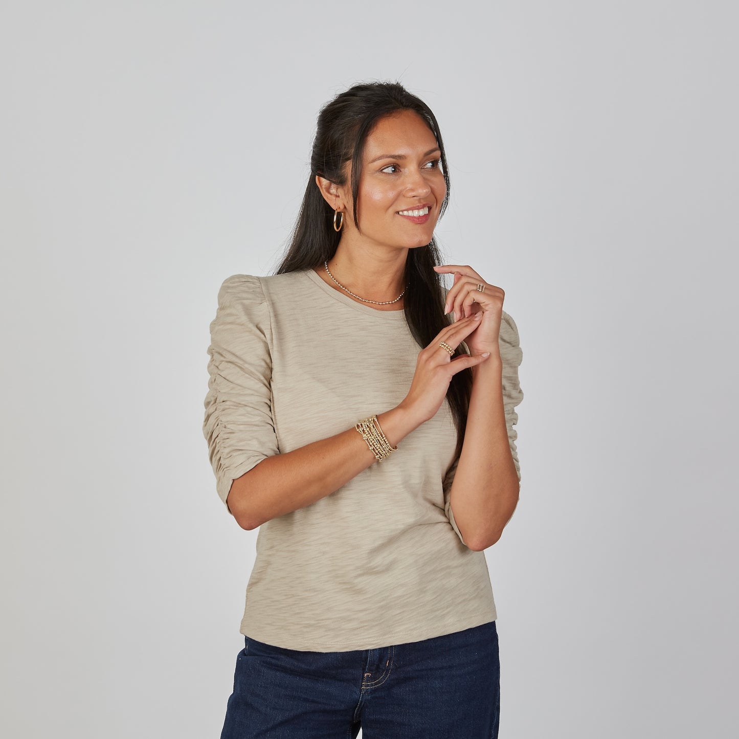 Sophie Ruched Elbow-length Tee in Washed Taupe erin gray
