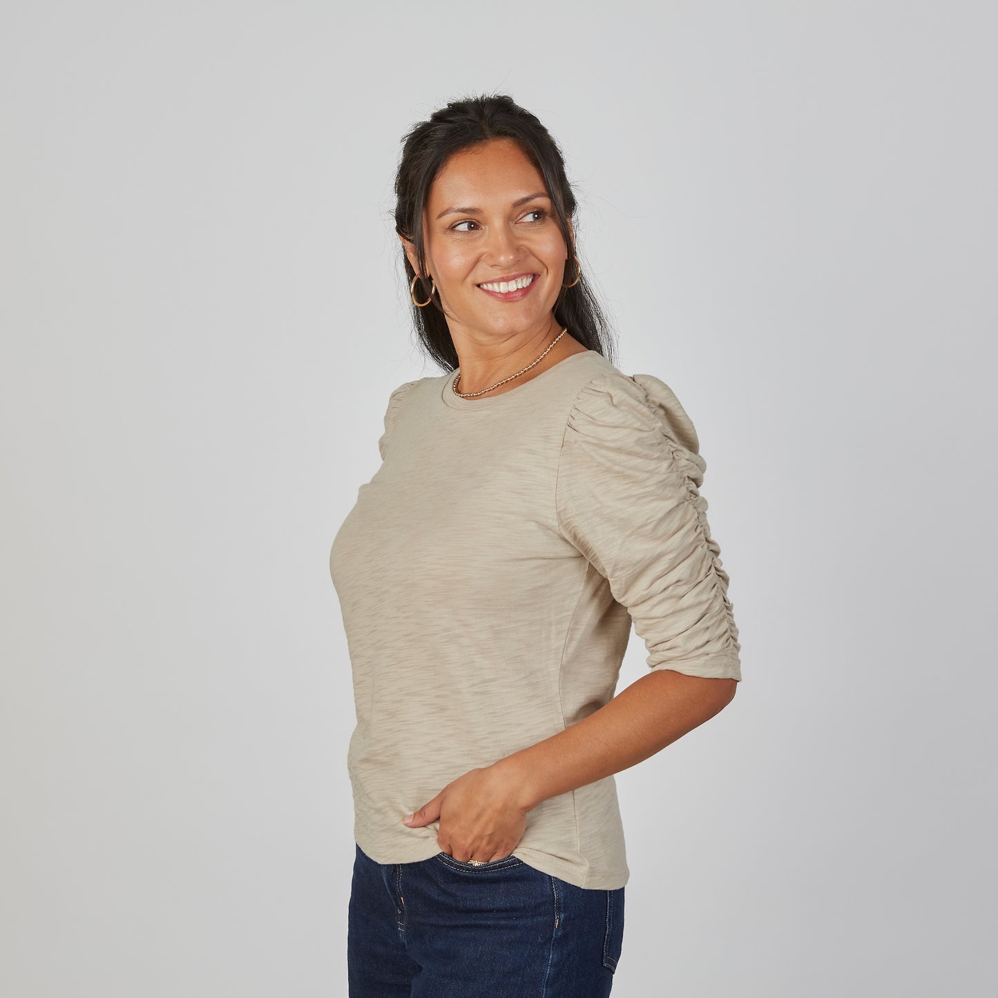 Sophie Ruched Elbow-length Tee in Washed Taupe erin gray