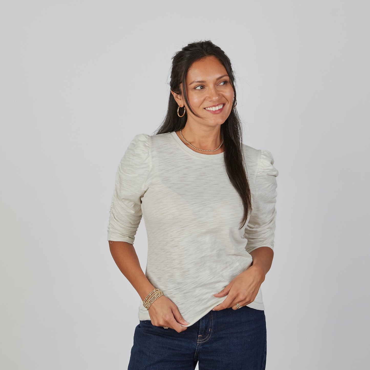 Sophie Ruched Elbow-length Tee in Oyster erin gray