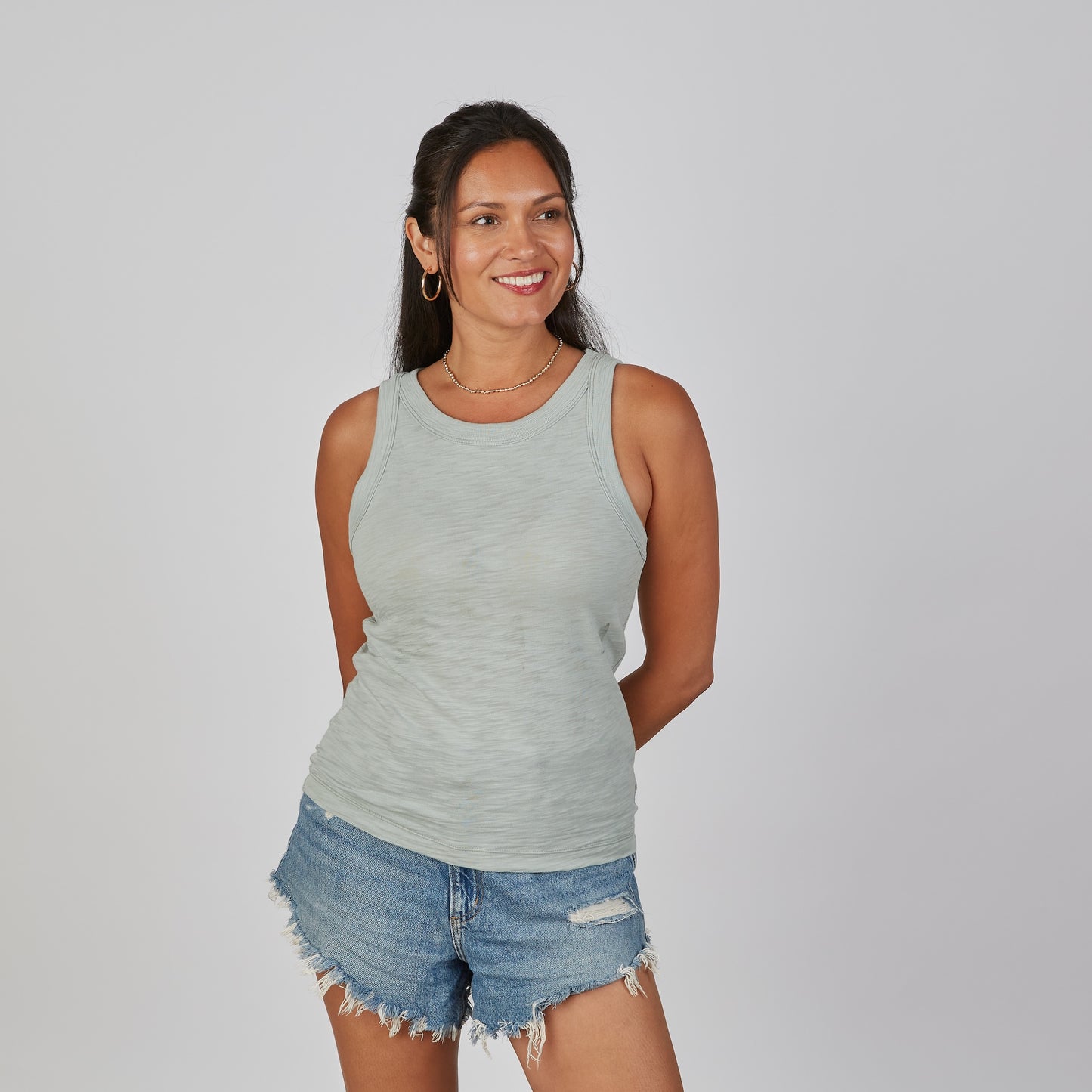 Everyday High Neck Cotton Tank in Sea Glass Blue erin gray