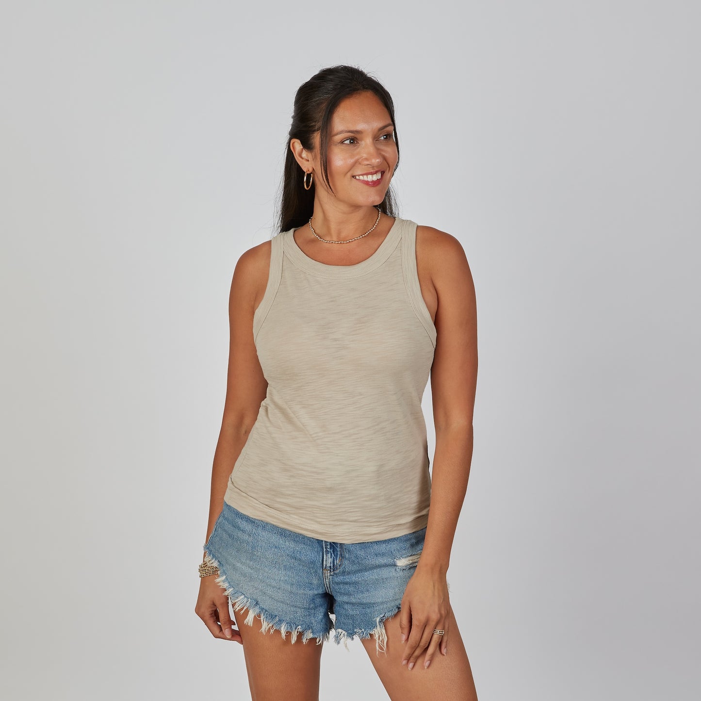 Everyday High Neck Cotton Tank in Washed Taupe erin gray