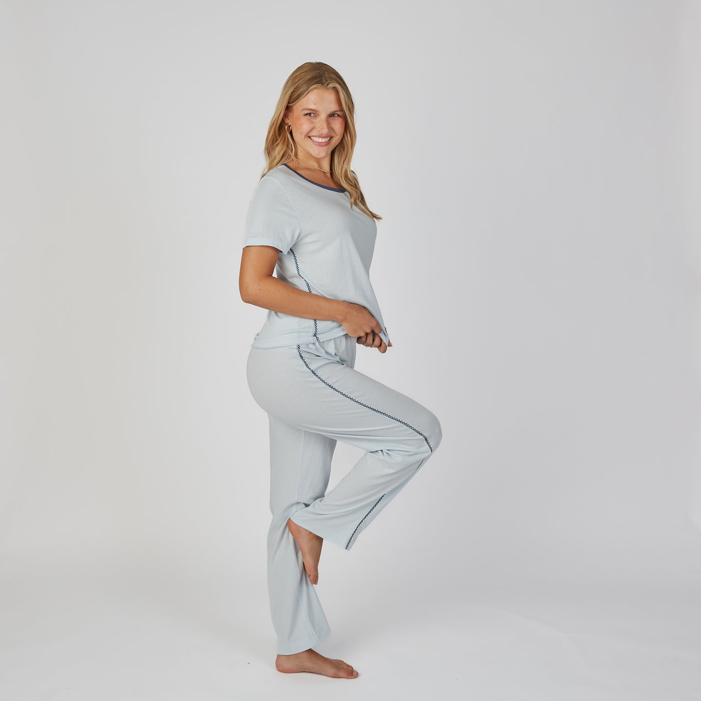 Perfect Cotton Modal Pajama Pants Set in Sky Blue erin gray