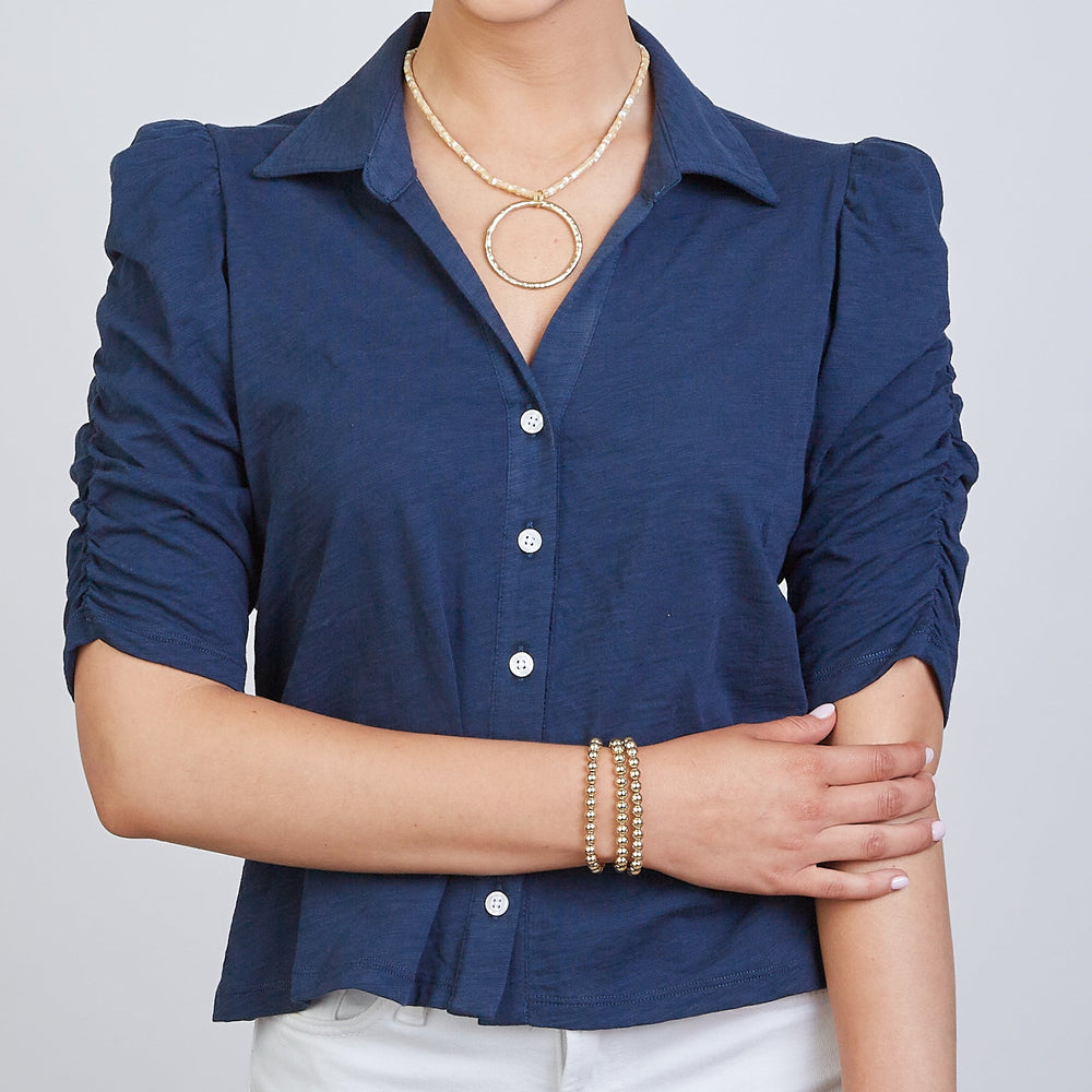 Grace Button-Up Elbow-Length Tee in Navy