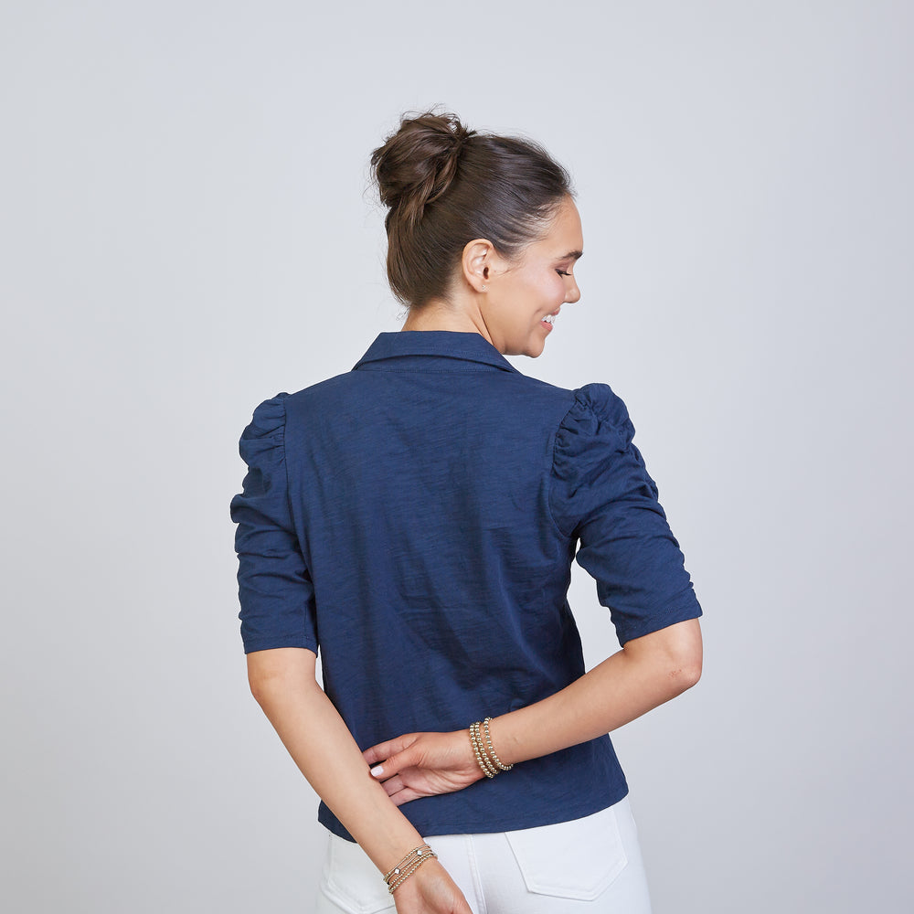 
                      
                        Grace Button-Up Elbow-Length Tee in Navy
                      
                    