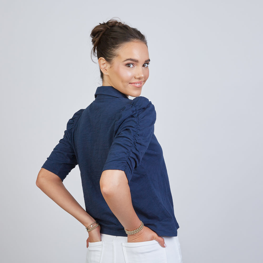 Grace Button-Up Elbow-Length Tee in Navy