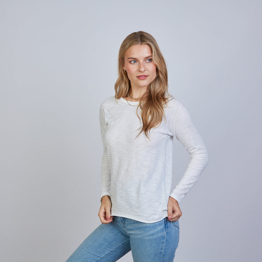 
                      
                        Raglan Long Sleeve Crew in Ivory with Dusty Blue Accent Stitching
                      
                    