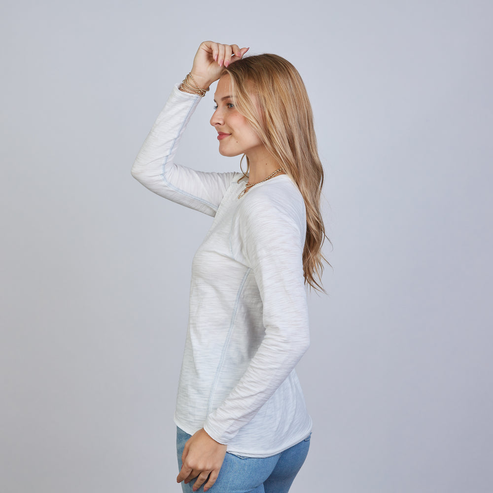 
                      
                        Raglan Long Sleeve Crew in Ivory with Dusty Blue Accent Stitching
                      
                    