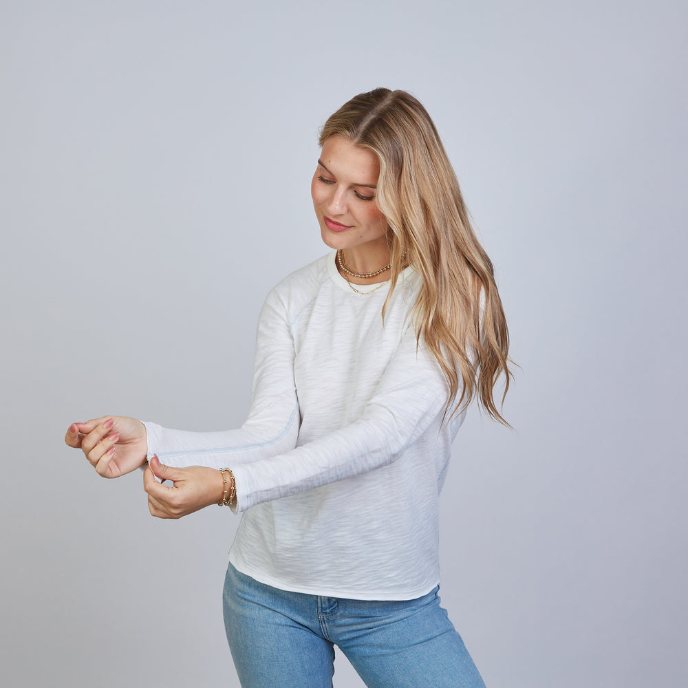
                      
                        Raglan Long Sleeve Crew in Ivory with Dusty Blue Accent Stitching
                      
                    