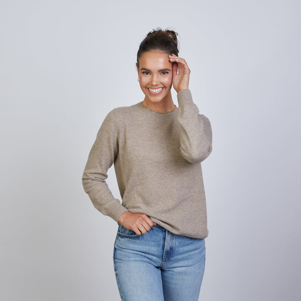 Highland Stripe 100% Mongolian Cashmere Sweater in Camel with Black- Erin Gray