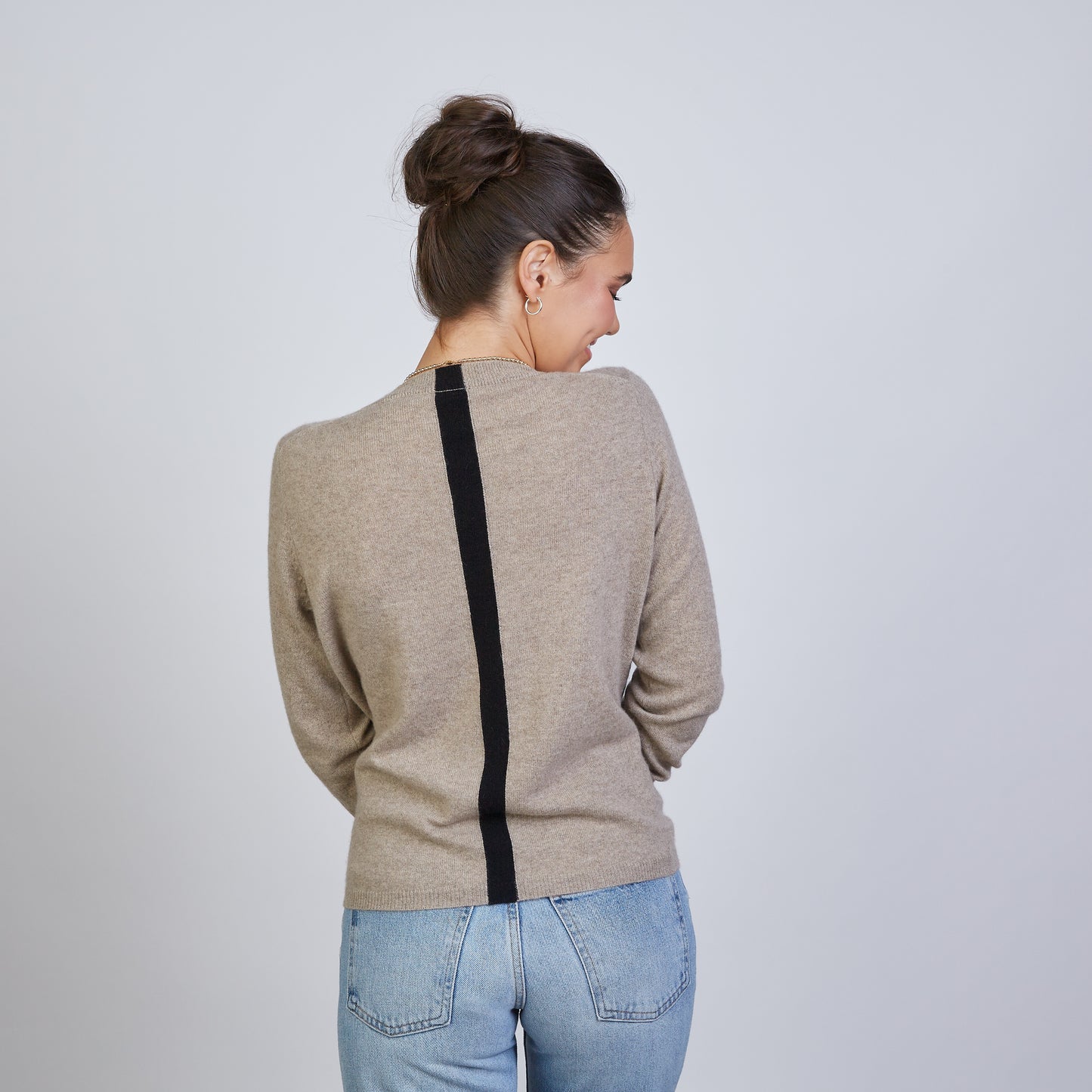 Highland Stripe 100% Mongolian Cashmere Sweater in Camel with Black- Erin Gray