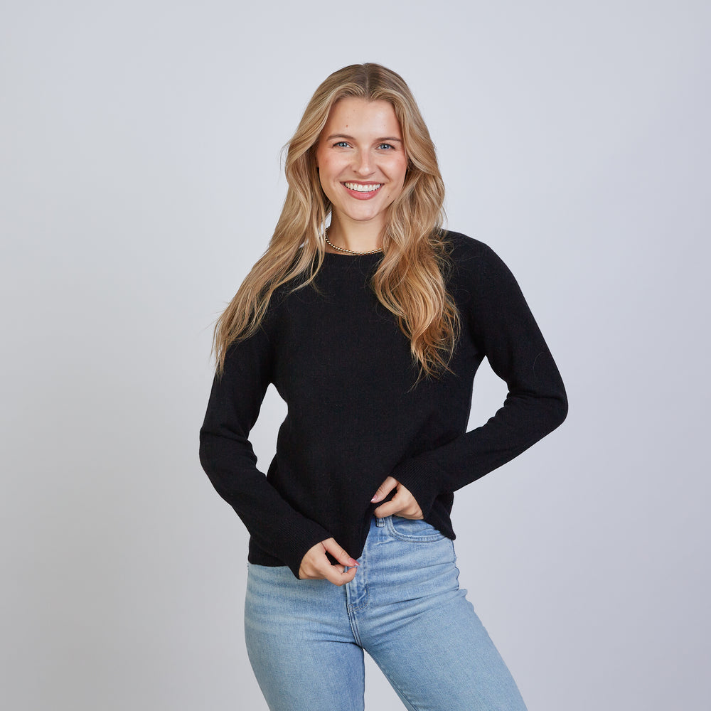 Highland Stripe 100% Mongolian Cashmere Sweater in Black with Blue | Erin Gray