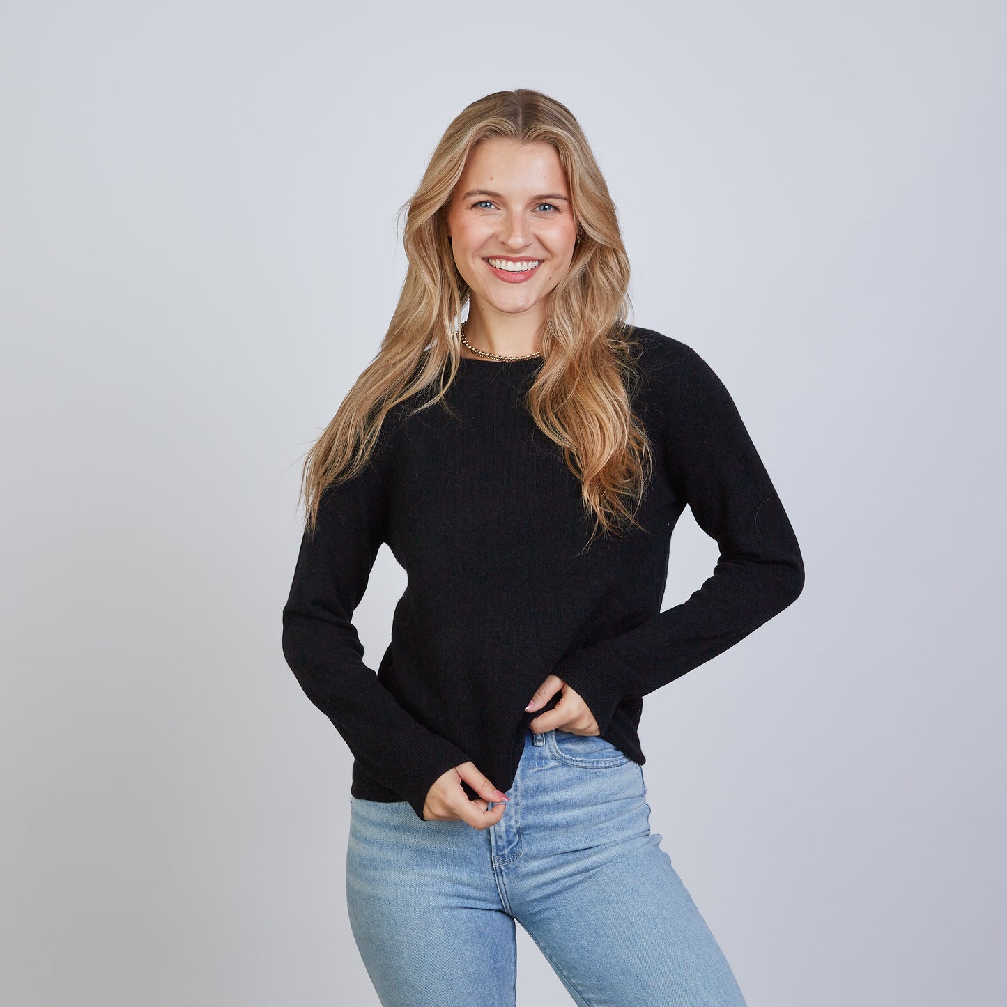 Highland Stripe 100% Mongolian Cashmere Sweater in Black with Blue | Erin Gray