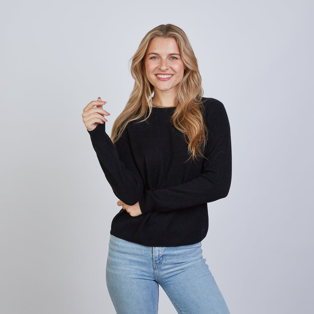 
                      
                        Highland Stripe 100% Mongolian Cashmere Sweater in Black with Blue | Erin Gray
                      
                    