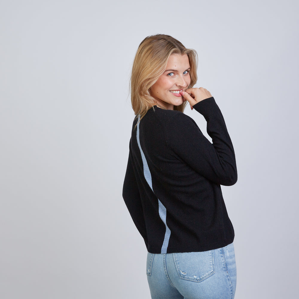 
                      
                        Highland Stripe 100% Mongolian Cashmere Sweater in Black with Blue | Erin Gray
                      
                    