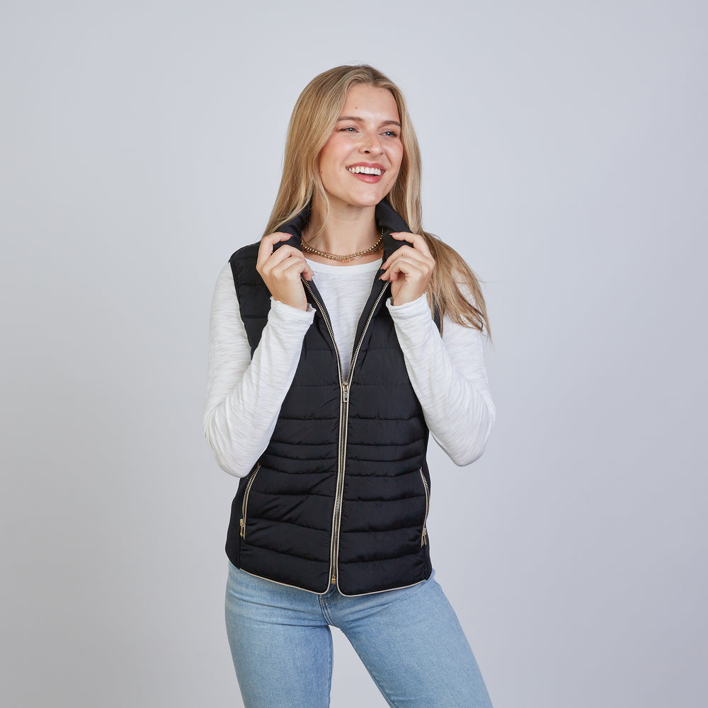 
                      
                        The Icon Perfect Fit Puffer Vest in Black & Khaki
                      
                    