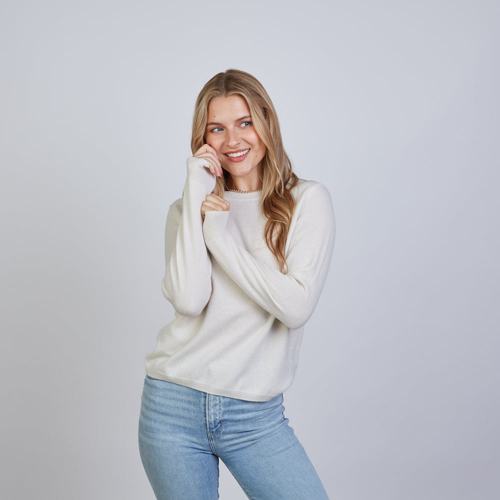 Highland Stripe 100% Mongolian Cashmere Sweater in Ivory with Blue